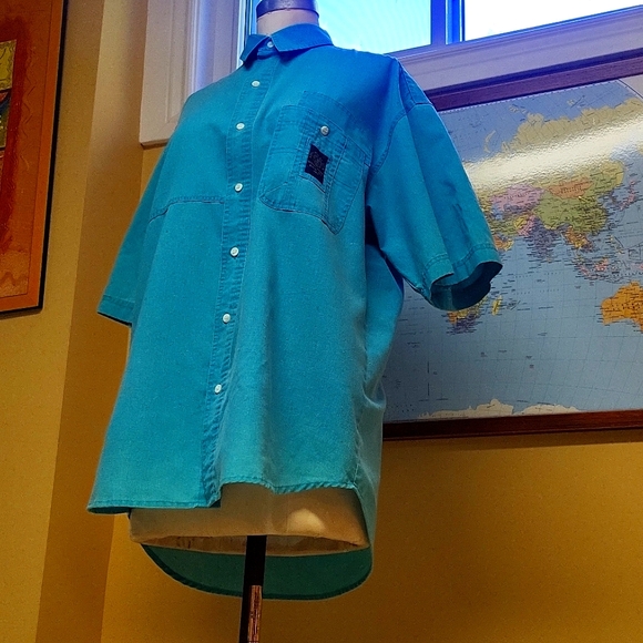 Vintage 90s Bugle Boy short sleeves,  Button down shirt, Aqua Blue Large for men - Picture 5 of 16